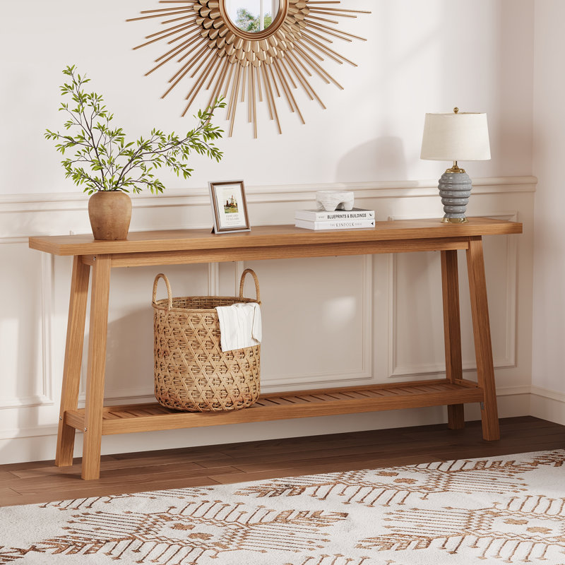  Extra Long 70.9" 2-Tier Wooden Console Table - Narrow Sofa Side Table with Rustic Farmhouse Design - Slim Storage Shelf for Entryway, Living Room, Hallway, Home Office - Yellow-Brown