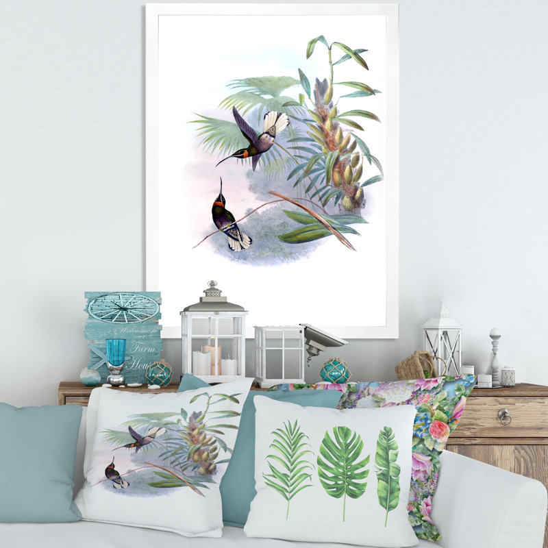 Colibri rétro sur une branche - impression sur toile, H 32 po x l 24 po x 1,5 po, Toile blanche encadrée