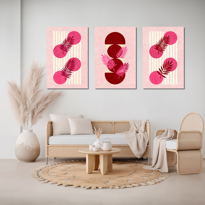 «Tropical Leaves and Abstract Shapes», reproduction d'art sur toile tendue, rose et rouge moderne (ensemble de 3)