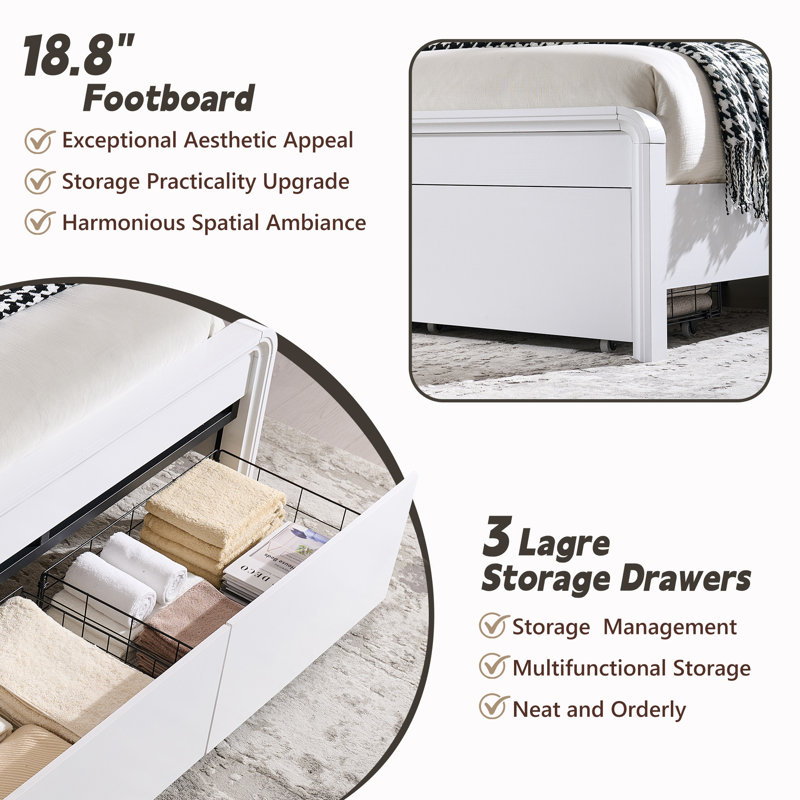 Maud Modern King Size Bed Frame with 50" Tall Headboard, Wood Platform Bed Frame with 18.86" Tall Curve Design Decoration Footboard & 3 Large Storage Drawers, No Box Spring Needed