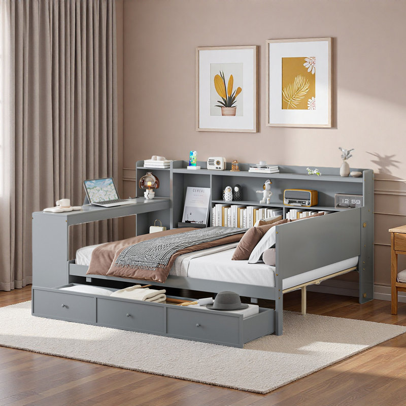 Wooden Daybed With 3 Drawers, Usb Ports And Desk, Gray, Full