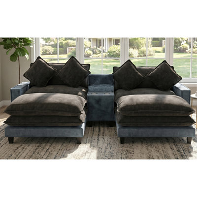 Canapé modulaire en chenille de 111 po avec deux repose-pieds amovibles, deux ports USB, deux porte-gobelets et une grande boîte de rangement pour le salon, bleu clair et gris