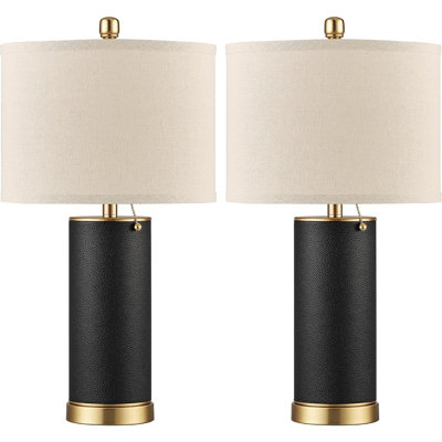Ensemble de 2 lampes de table en similicuir noir, lampes de chevet modernes E26 avec abat-jour en tissu beige, interrupteur à tirette pour chambre ou salon