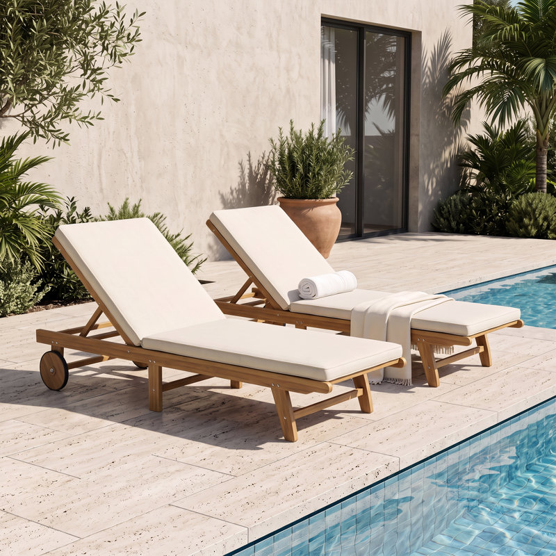 Chaise longue d'extérieur 2 places en bois d'acacia, coussins et roulettes inclus