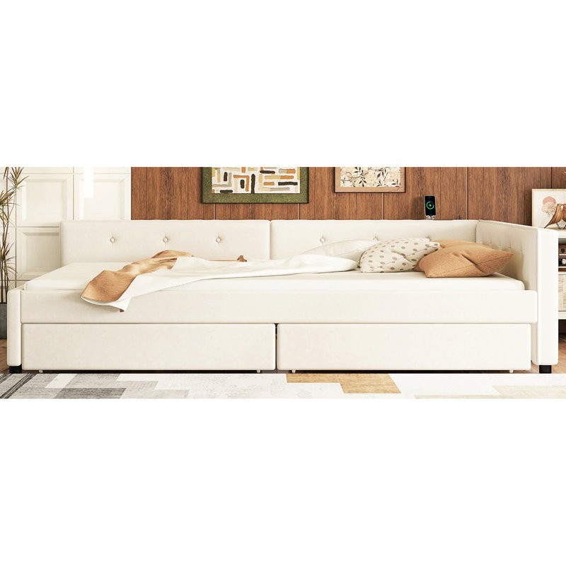 Lit double tapissier pleine grandeur beige avec rangement de tiroir -, sans sommier tapissier, mise à niveau de l'espace de chambre à coucher et 2 tiroirs, construction robuste, charme
