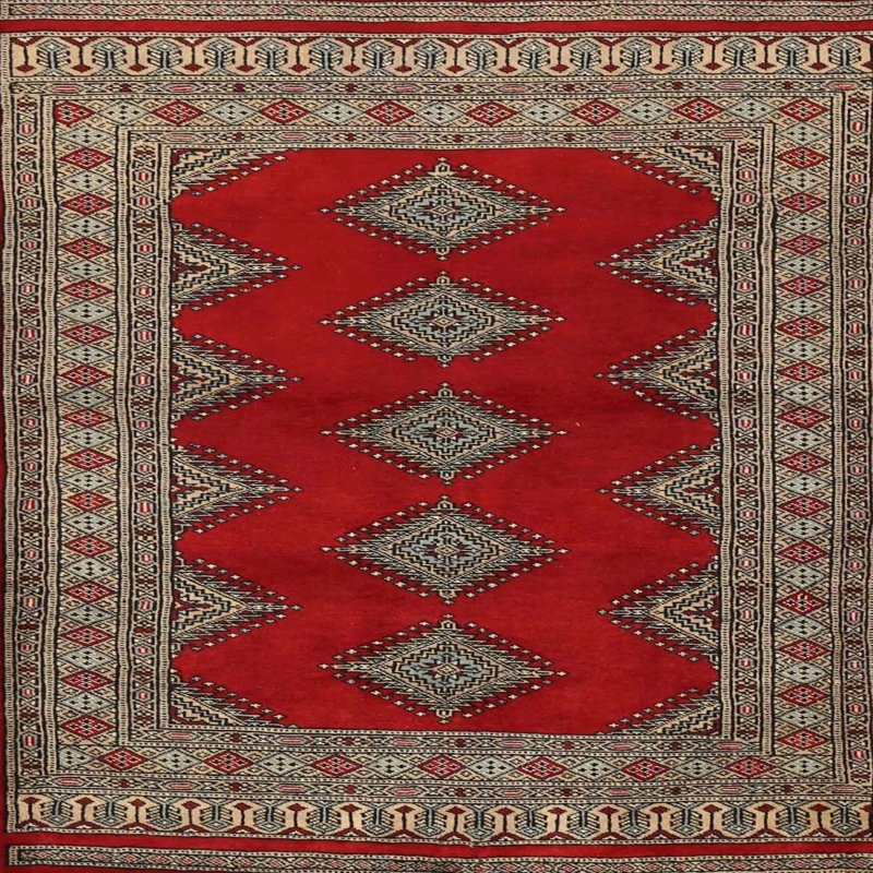 Tapis rouge/noir/bleu foncé traditionnel, Carré 4 pi