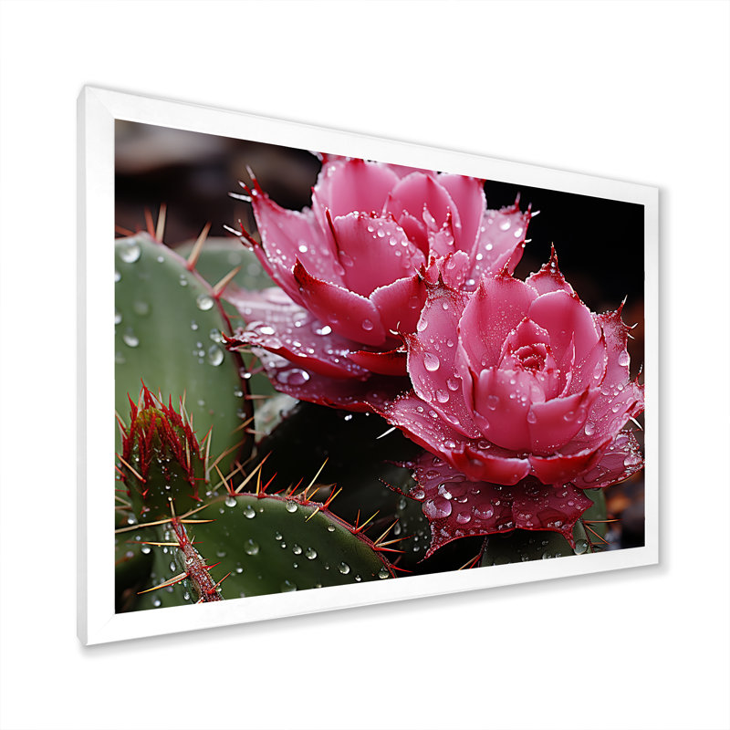 Fleurs de cactus rose - art mural floral cactus, Cadre de coin blanc fermé, H 16 po x l 32 po x P 1 po