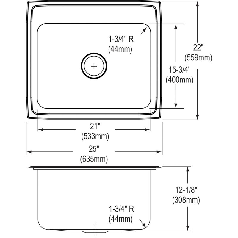 Classic Stainless Steel 25" x 22" x 12-1/8" Undermount Sink, 4 trous