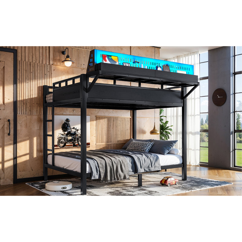 Lit superposé double au-dessus de double avec tablettes de rangement et panneau perforé, cadre de lit superposé avec ports USB et lumières DEL, peu encombrant, pour adolescents et adultes, noir