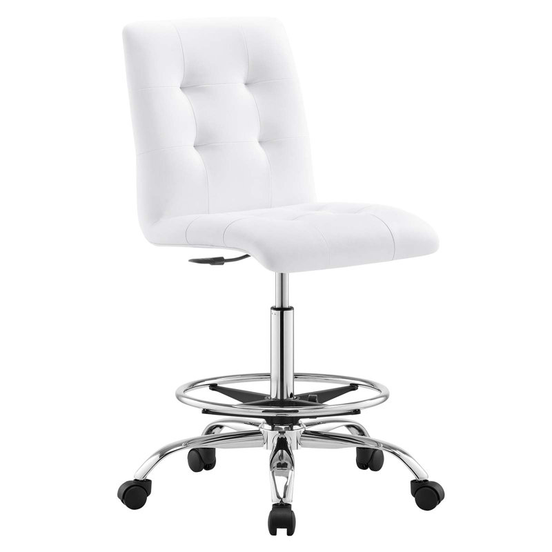 Modway Prim Armless Vegan Leather Drafting Chair, White, Silver