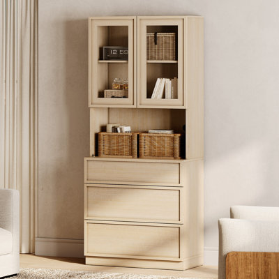 72" Tall Bookshelf with 3 Drawers and Book Shelves, Library Bookcase with Closed Storage Cabinet and Glass Display Shelves, Wooden Book Shelf for Home Office, Living Room