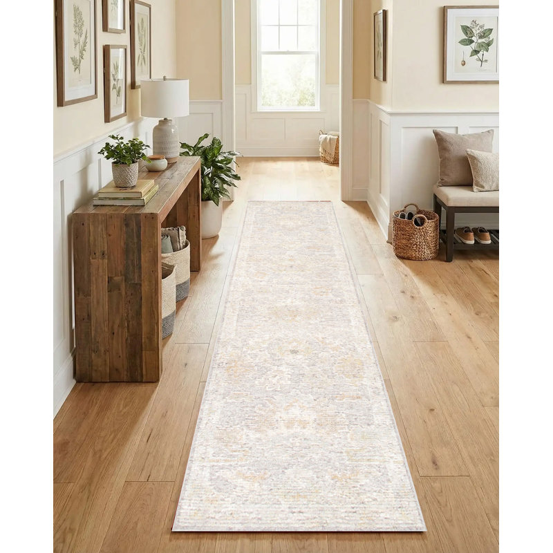 Oushak Hand-Knotted Silver Wool Area Rug, Runner 2'9" x 11', Cream