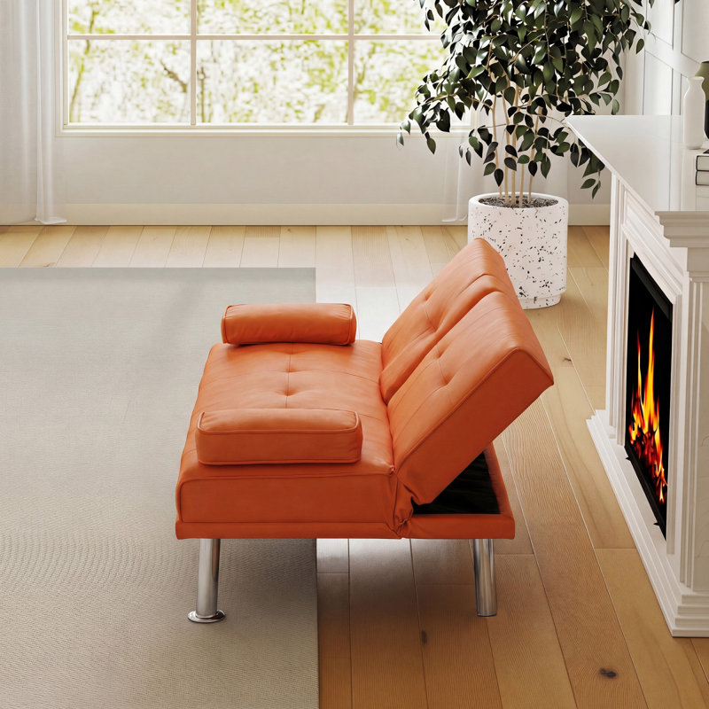 67-inch Orange Leather Multifunctional Double Folding Sofa Bed with Coffee Table for Office Use