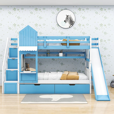 Leedey Castle Style Wood Bunk Bed with 2 Drawers 3 Shelves and Slide by Harper Orchard -  7B083F7EDBF9474DA8AA4EA11403EDB1