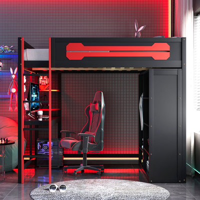 Full Size Wood Loft Bed with Desk, Open Wardrobe and RGB Light, Red