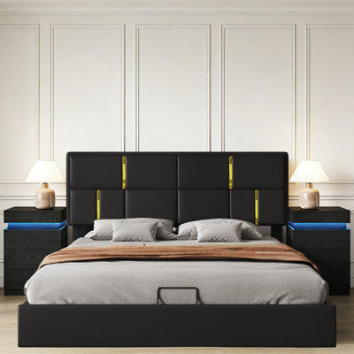 Ensemble de chambre à coucher 3 pièces, lit plateforme tapissier avec système de rangement hydraulique, ensemble de 2 tables de chevet avec station de charge intégrée et éclairage DEL