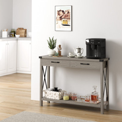 Console Table With 2 Drawers, Farmhouse Sofa Table With Storage Shelf, Accent Wood Entryway Table