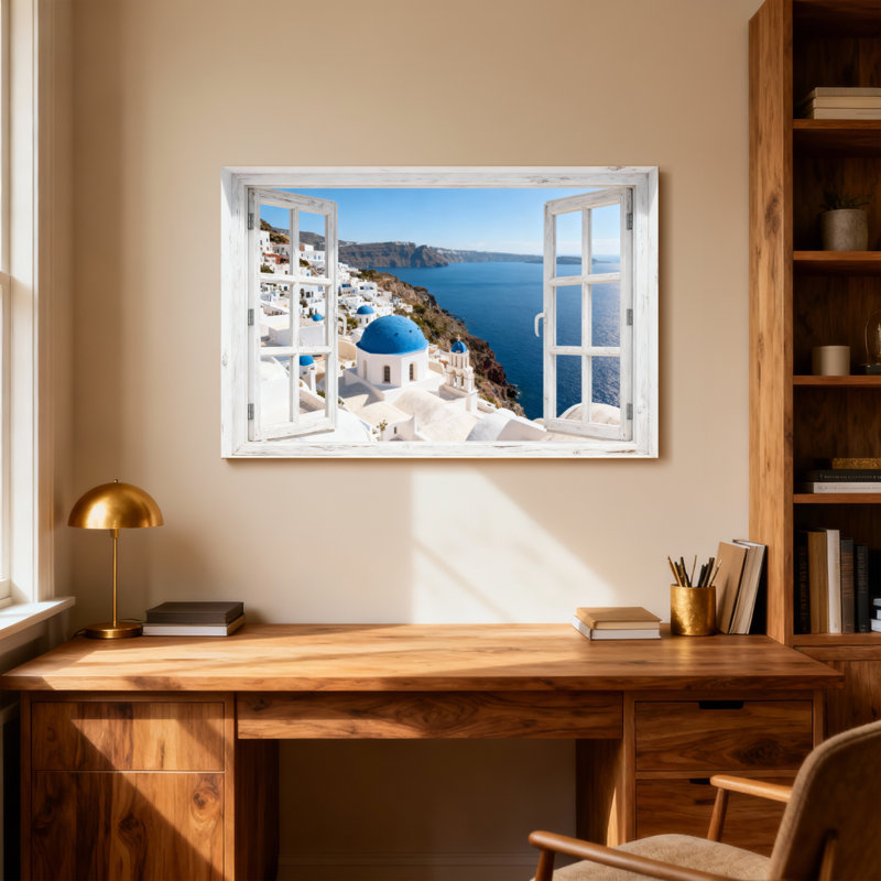 Landscape & Nature White Window Frame Blue Dome Sea View, 16" H x 24" W