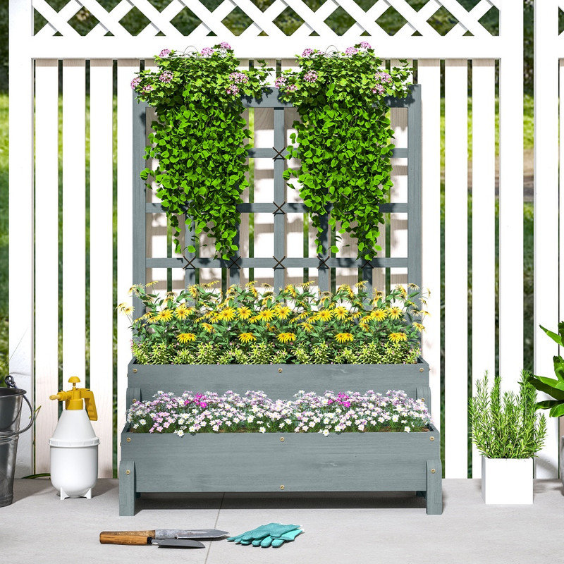 Brown 2-Tier Wooden Elevated Garden Bed Trellis Planter with Drainage Holes for Fruits Veggies Flowers