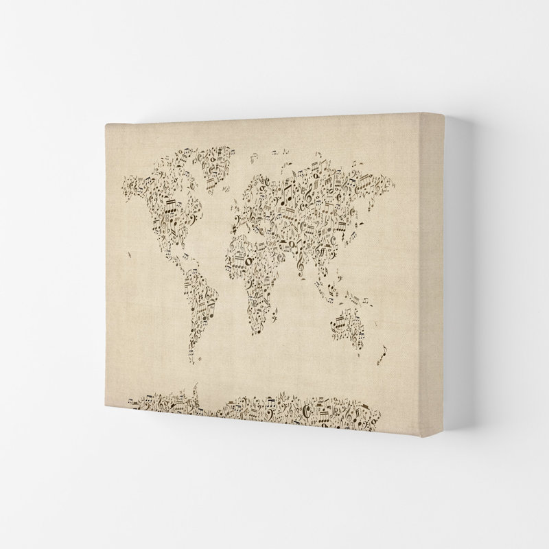 Music Notes Map Of The World by Michael Tompsett - Print, 29.7cm H x 42cm W x 4cm D, Wrapped Canvas