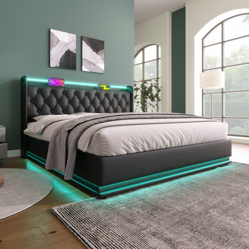 Upholstered Bed With Storage, Rgb Lights And Usb Ports, Black, King