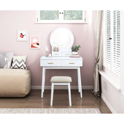 Meuble-lavabo moderne avec finition blanche, 4 tiroirs, miroir à DEL Smart Touch et tabouret pour décoration luxueuse