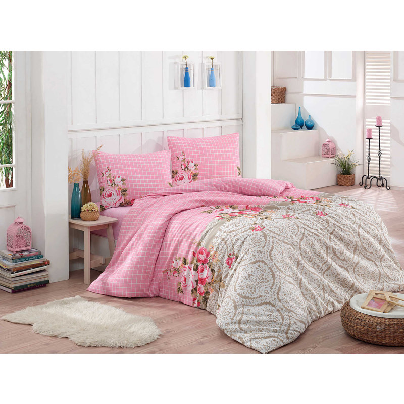 Ensemble de housse de couette en mélange de coton rose / ivoire / brun Bryana