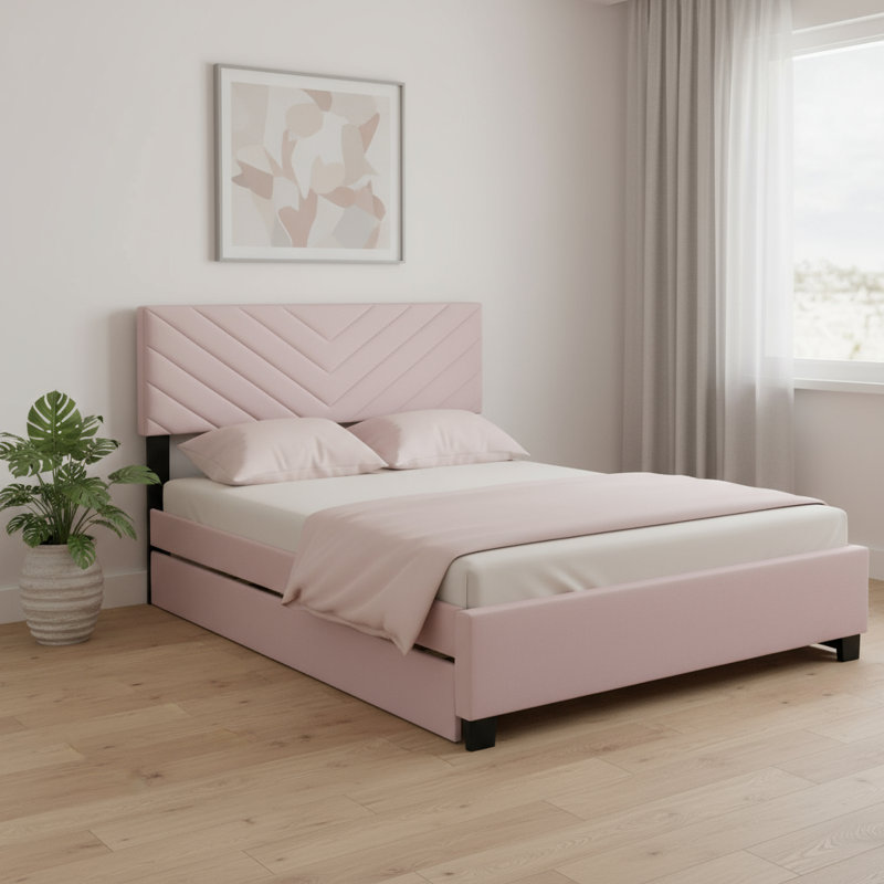 Structure de lit simple tapissier rose avec lit gigogne et tiroirs