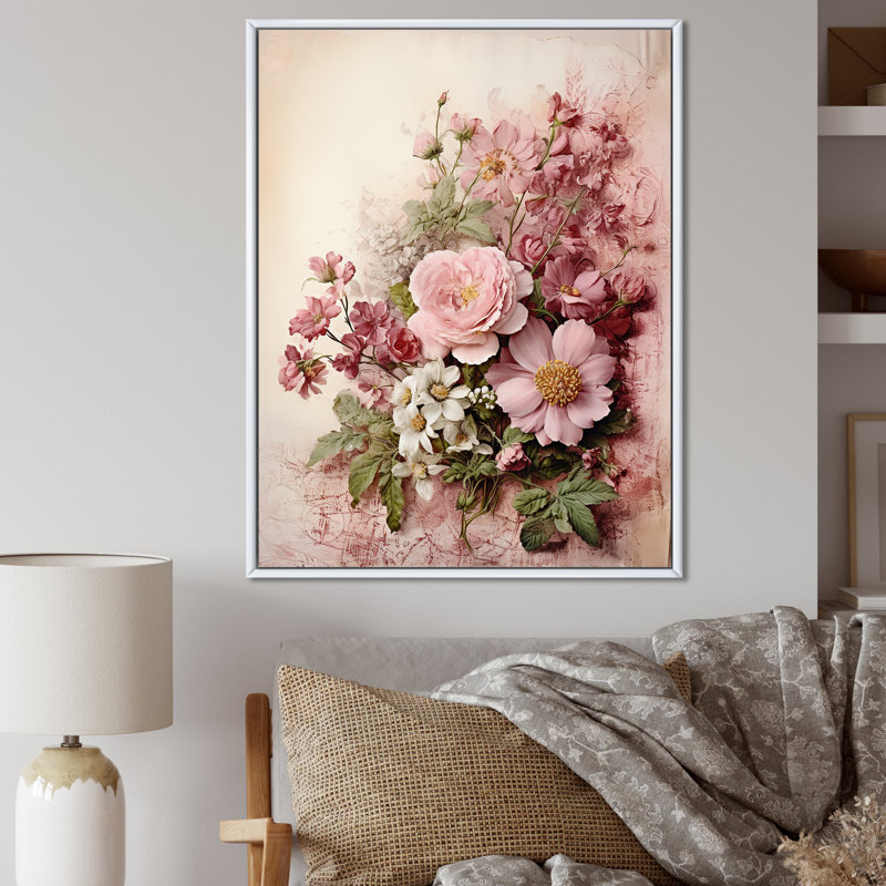 Bouquet de roses roses en fleurs, H 32 po x l 24 po x P 1 po, Cadre flottant blanc