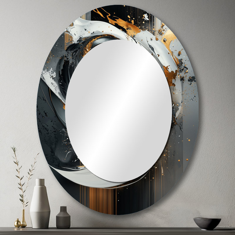 Black And Gold Abstract Shapes And Lines IV - Gold Modern Oval Wall Mirror, 43" x 33"