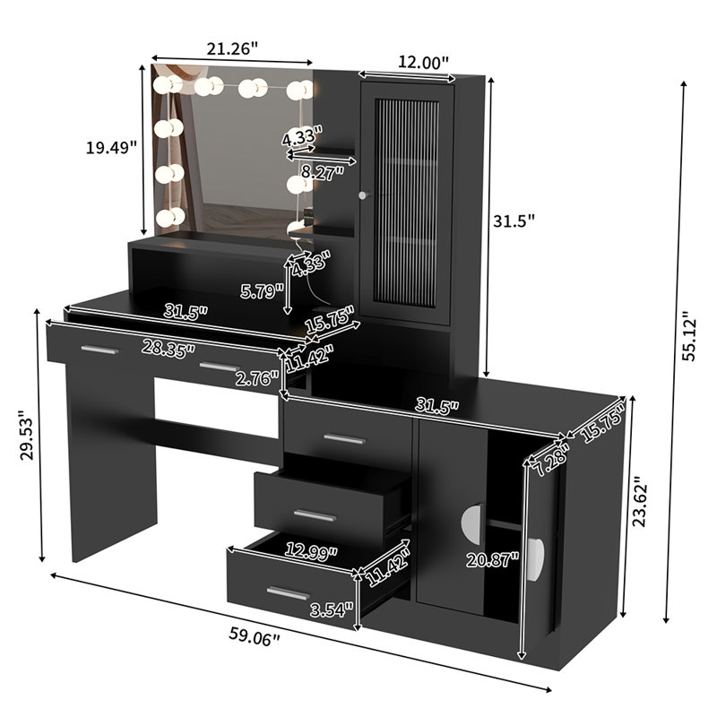 Coiffeuse de maquillage avec lumières, station de charge et miroir, Chrome, Noir, noir, noir, noir