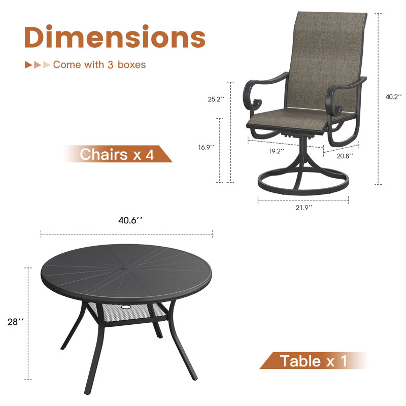 Aluminum Patio Dining Set with Aluminum Round Dining Table and 4 PVC-coated polyester Swivel Dining Chairs, Black/Brown
