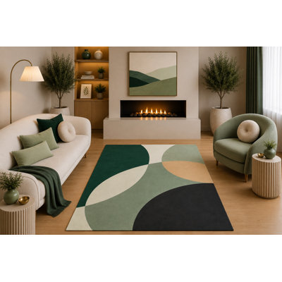 "Ultra léger" Tapis moderne de style Mid-Century 5 pi x 7 pi vert sauge crème anthracite à motif géométrique incurvé pour salon, chambre à coucher, salle à manger, envers en silicone antidérapant