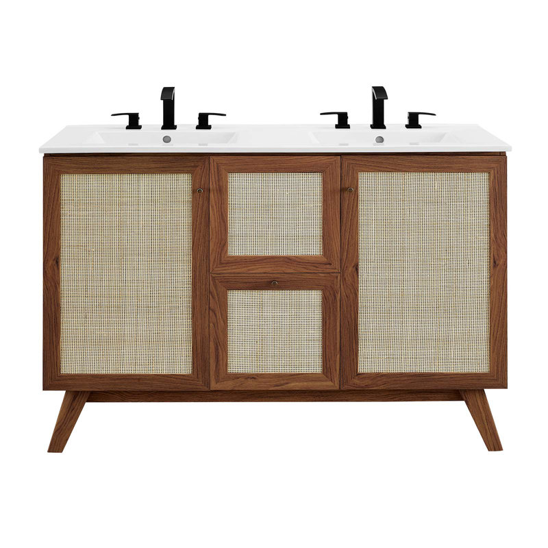 Modway Soma 48'' Free Standing Double Bathroom Vanity with Manufactured Wood Top, White, Walnut