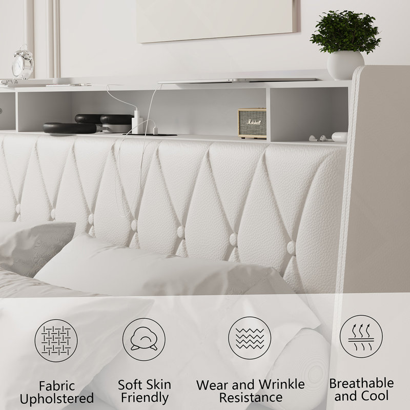 Base de grand lit, tête de lit ergonomique, plateforme, prises, chargeur, métal, tablette de rangement, Blanc