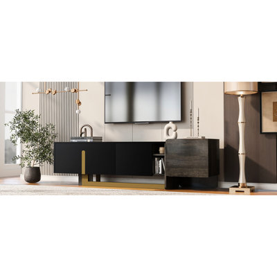 Meuble télé 66,7 po de luxe pour téléviseur de 70 po ou moins, meuble moderne avec pieds en métal, tiroir de rangement et deux armoires pour la détente des espaces de divertissement familiaux