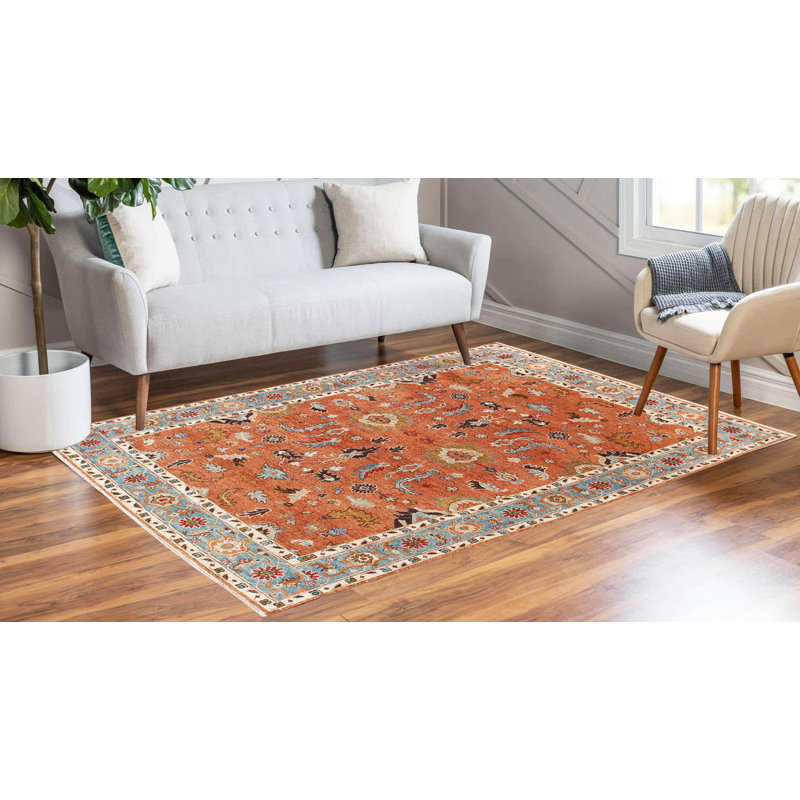 Oushak Hand Knotted New Zealand Wool Rug - Terracotta and Light Blue Area Rug for Living Room, Bedroom and Hallway