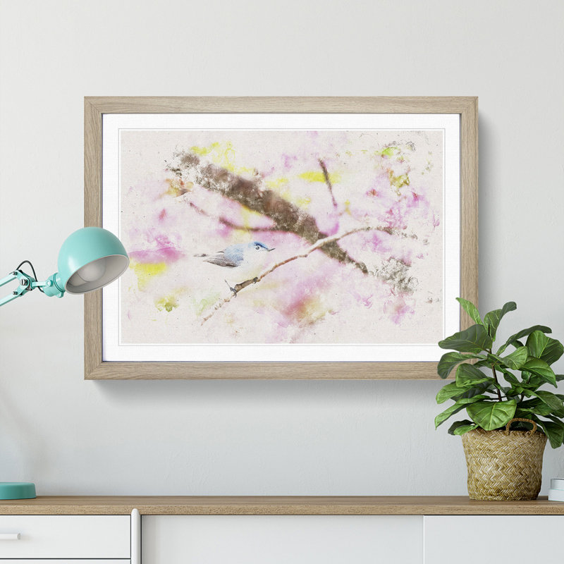 Bird in the Cherry Blossom Tree Watercolour - Picture Frame Graphic Art Print, Oak Framed, 62cm H x 87cm W x 2cm D
