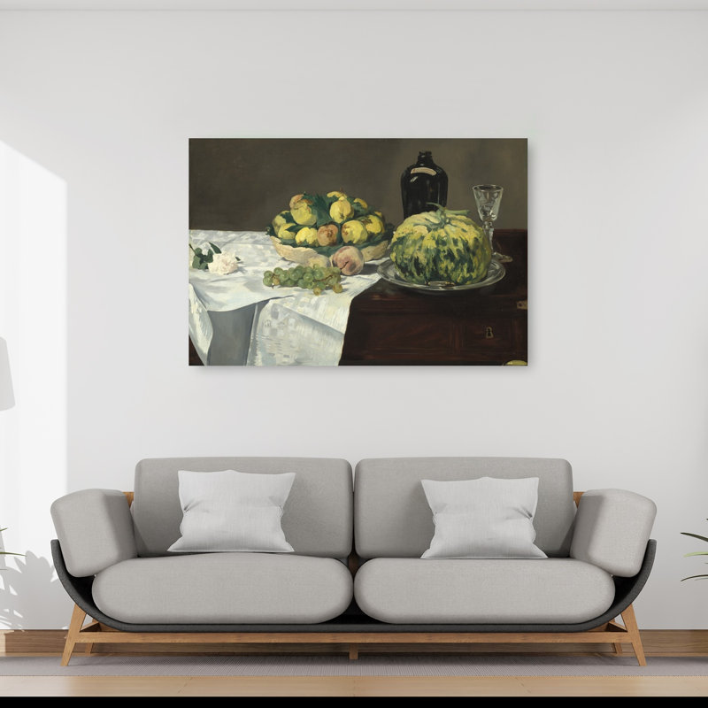 Nature morte au melon et aux pêches, vers 1866. Estampe d'art mural impressionniste abstraite contemporaine représentant des fleurs et des fruits.