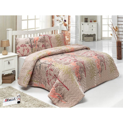 Double Quilted Bedspread Set, 79 x 87, 65% Cotton / 35% Polyester, 100% Fibre Filling, Includes 2 Pillowcases (20 x 28) | Machine Washable, Elegant Beige, Mink, Salmon & Green Colours, Cozy & Stylish Design