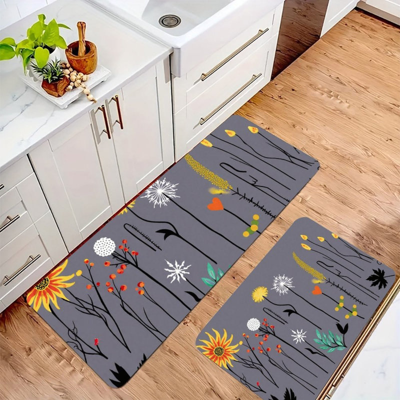 Ensemble de 2 tapis de cuisine minimalistes à motif floral et cœur