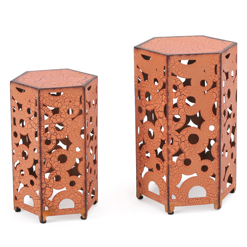 2 Accent Tables, Orange Iron Tables For Indoor And Outdoor Use, 14.05" D X 12.77" W 22" H & 12" 10.50" 18.25" H, No Assembly Needed, Romantic Style 2pcs Areas, 14.05"depth 12.77"width 22"height