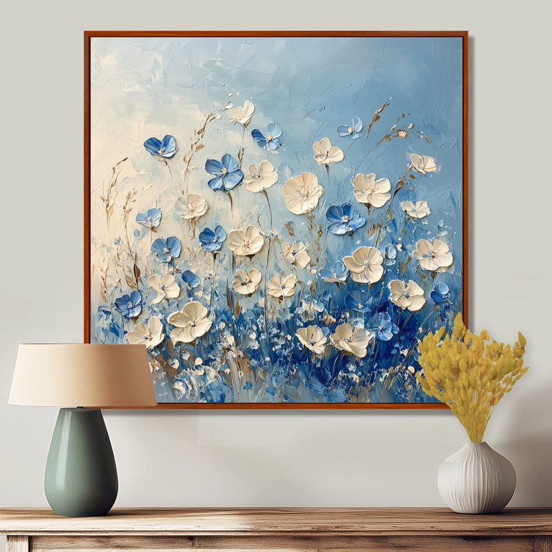 «Coastal Blue Wildflowers Meadow of Light II», art mural grandes fleurs sauvages, Impression encadrée flottante, Brun