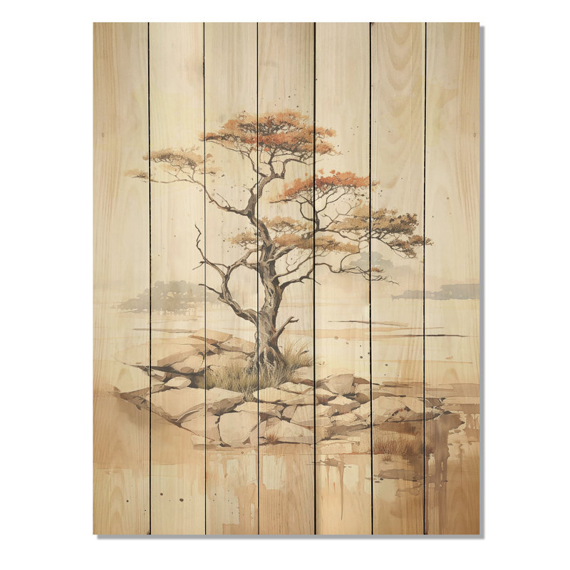 Paysage africain minimaliste beige I - Arbre africain sur bois, H 20 po x l 10 po