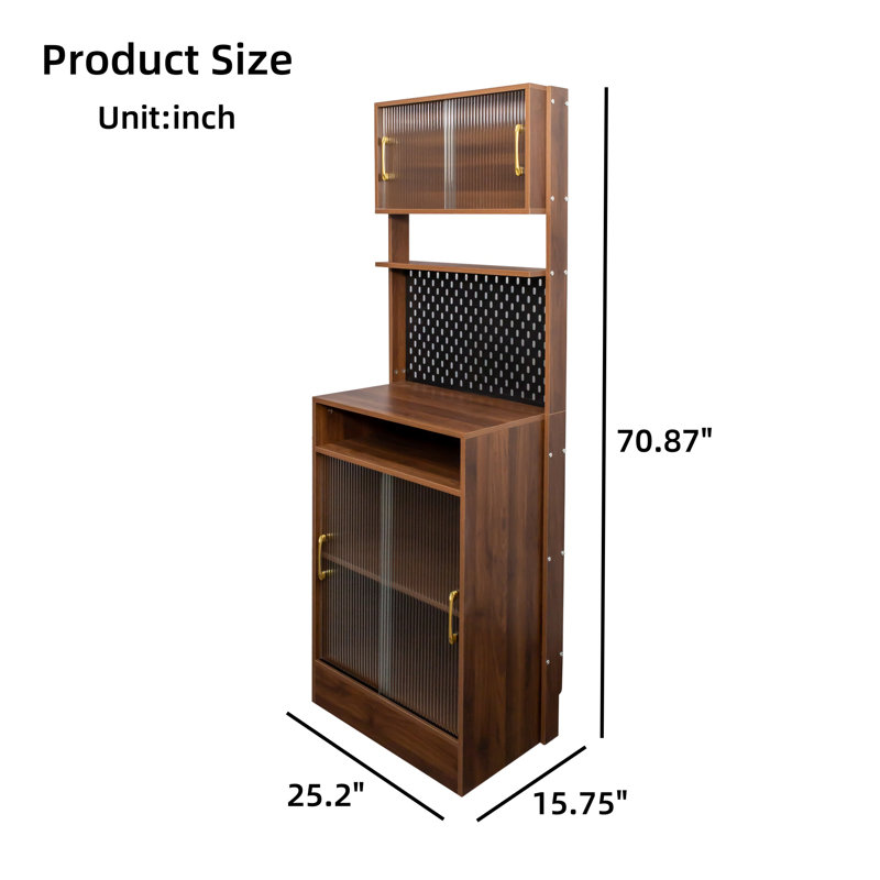 Kitchen Pantry With 2 Sliding Striped Glass Doors, Freestanding Countertop Storage (Walnut)