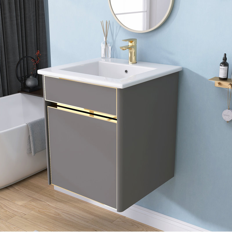 Venere Dark Grey Bathroom Vanity 16'' Floating Wall Mount Solid Surface Vanity Cabinet with Single Basin Vanity Top