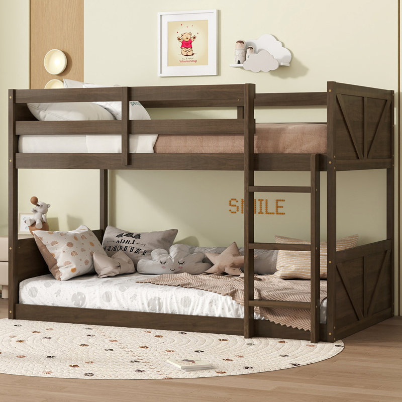 Kids Twin Over Twin Floor Bunk Bed With Headboard And Footboard, Brown