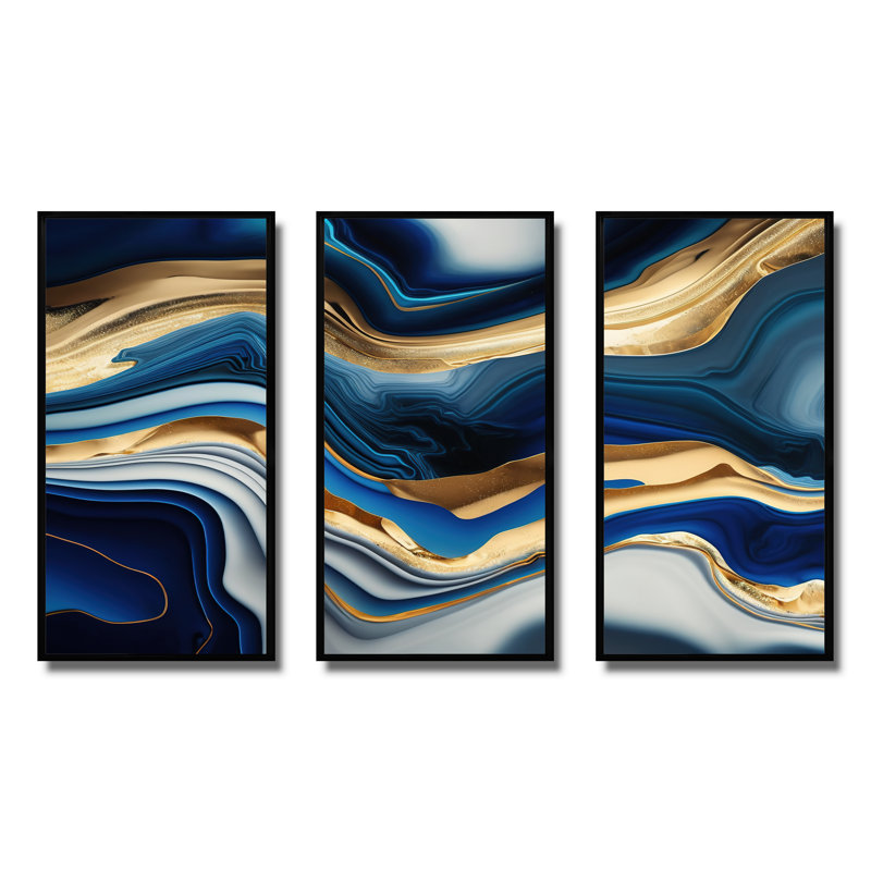 «Bannister Lunell Vibrant Blue and Gold Agate II», reproduction de 3 pièces, H 32 po x l 48 po x P 1 po, Cadre noir