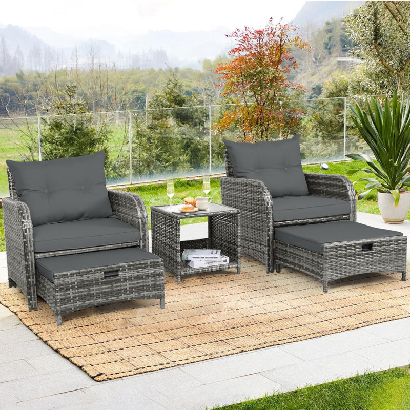 Constantino 2-Person Outdoor All-Weather Wicker Conversation Set with Ottomans and Tempered Glass Coffee Table