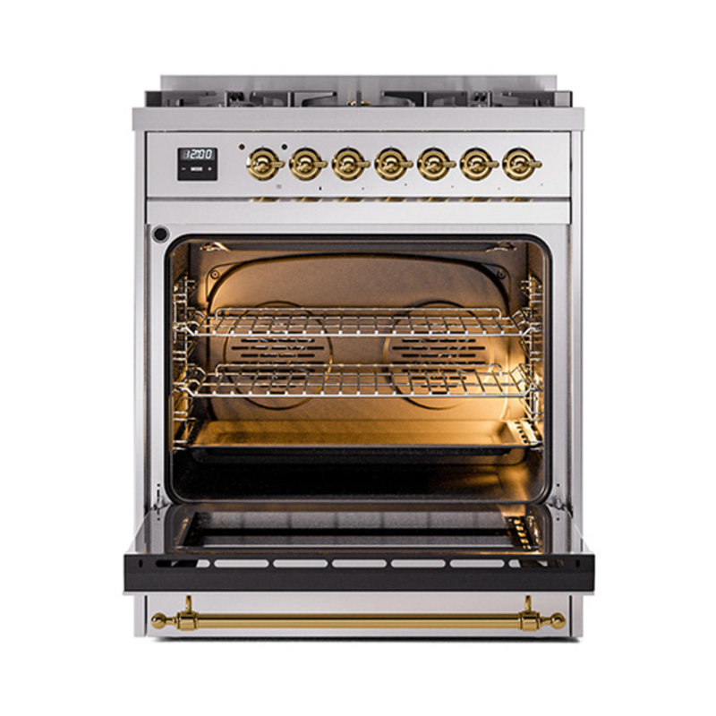 ILVE Nostalgie II Noblesse 30 in Dual Fuel Range, Stainless Steel/Brass, Natural Gas